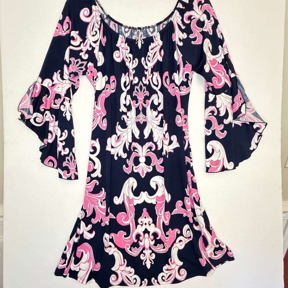 Womens L XL Navy Pink Baroque Off Shoulder Mini Dress Bell Sleeves Stretch